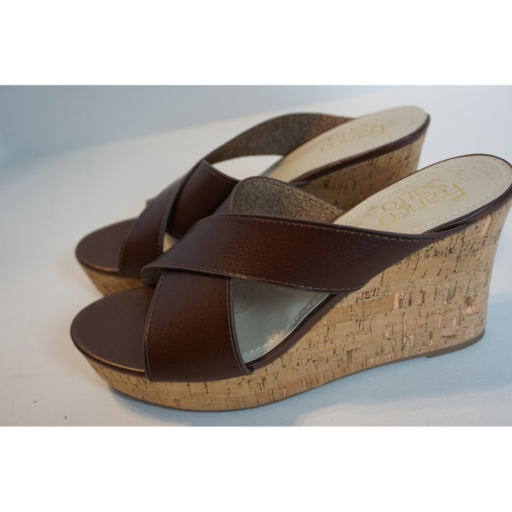 Franco Sarto Fritzie Brown Faux Leather Cork Wedge Sandals Womens 8